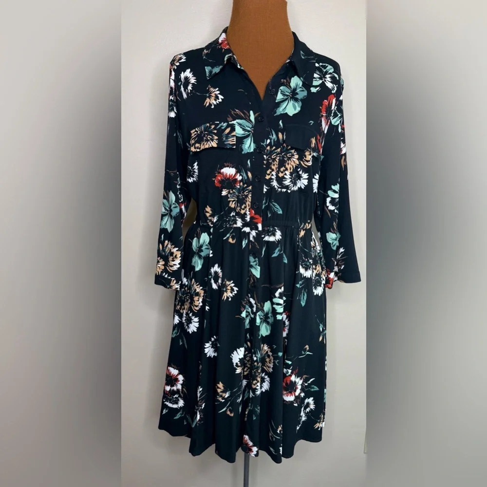 Torrid Mini Challis Shirt Dress Black Floral 3/4 Sleeves Size Large - Picture 2 of 8